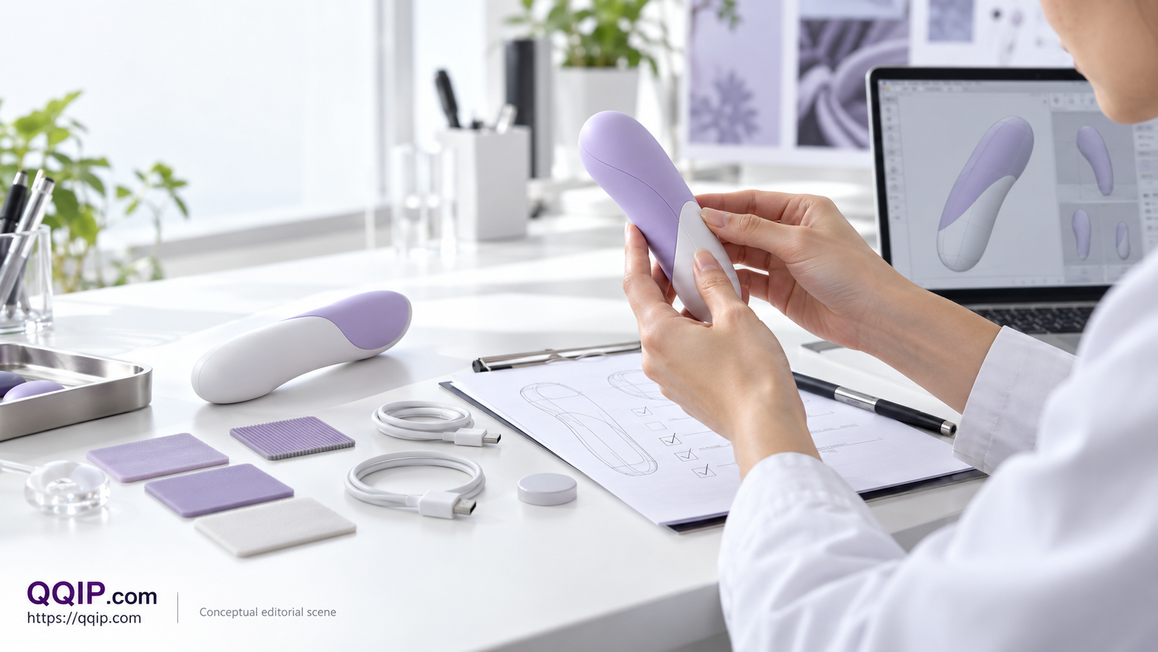 Conceptual product-development scene with a sample, material swatches and a written inspection brief