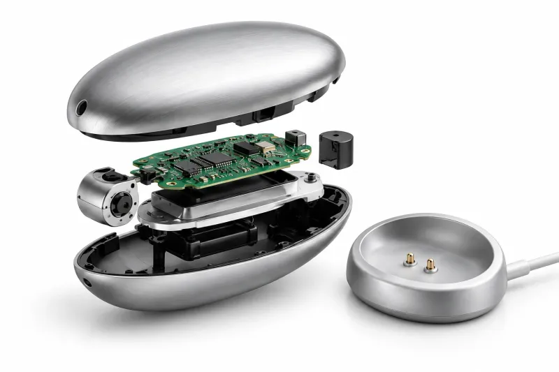 Concept illustration of a silver wellness device showing its internal engineering and charging dock